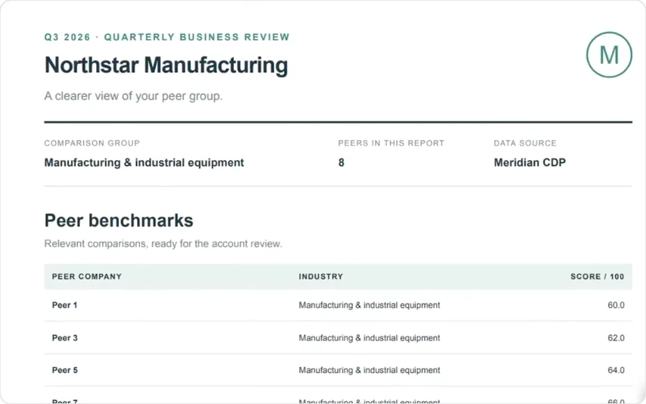 The exported PDF of the Northstar Manufacturing quarterly business review, with the peer benchmarks table and its column headers.