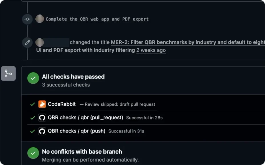 Pull request #2 on GitHub: all three checks have passed and there are no conflicts with the base branch.