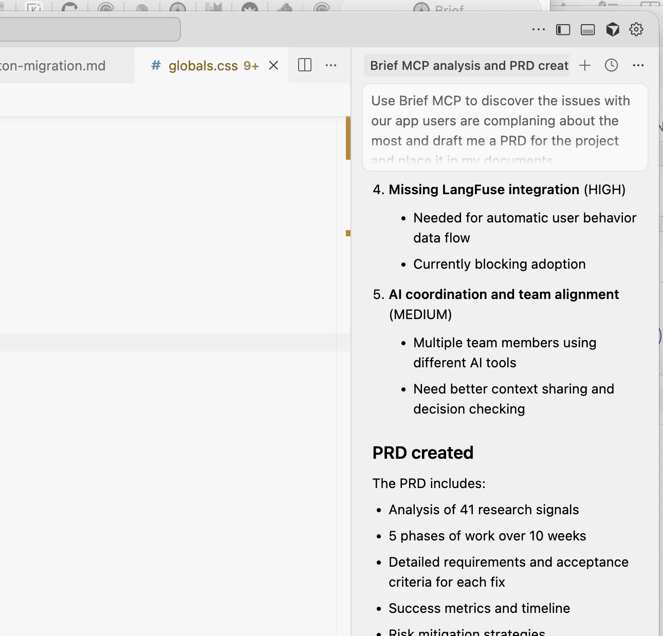 Screenshot showing Cursor asking Brief for user research, the document Cursor wrote in Brief, and Linear ticket that was created