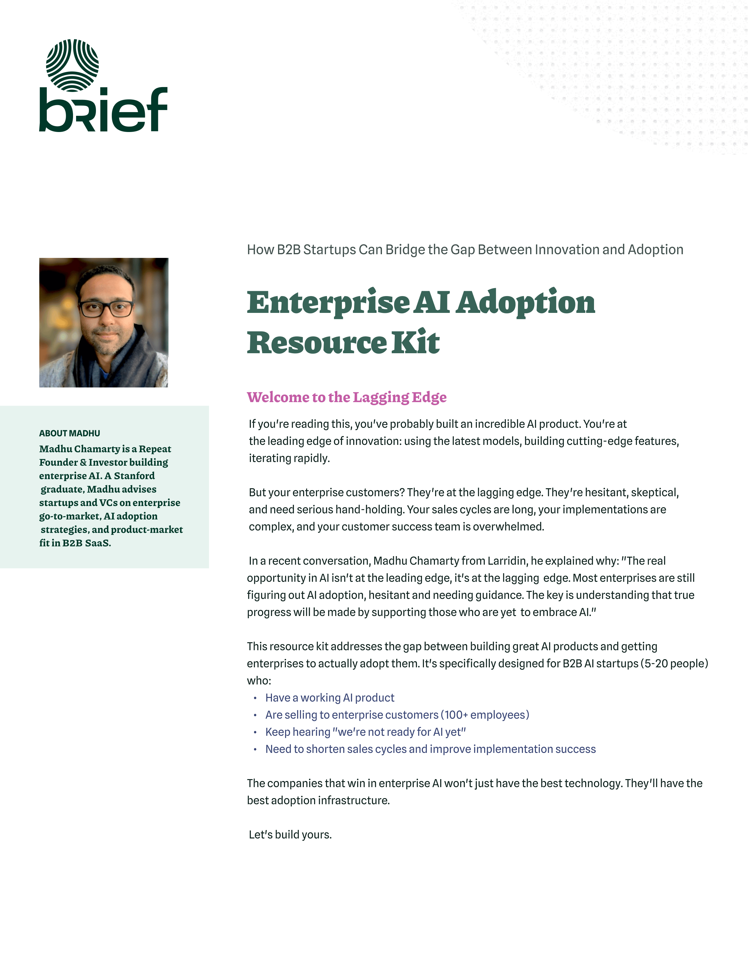 Enterprise AI Adoption Resource Kit - Cover featuring Madhu Chamarty