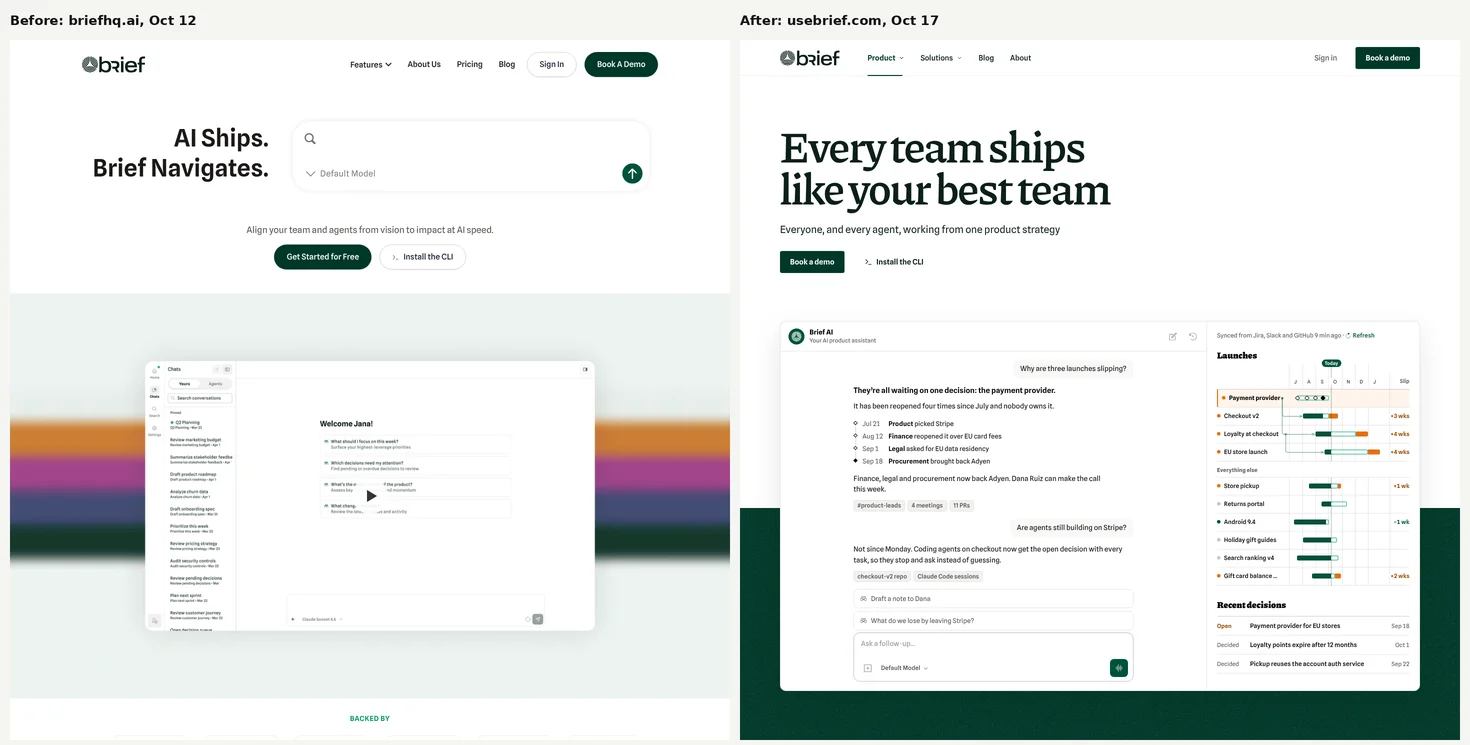 Homepage at 1440, before (Oct 12) and after (Oct 17).