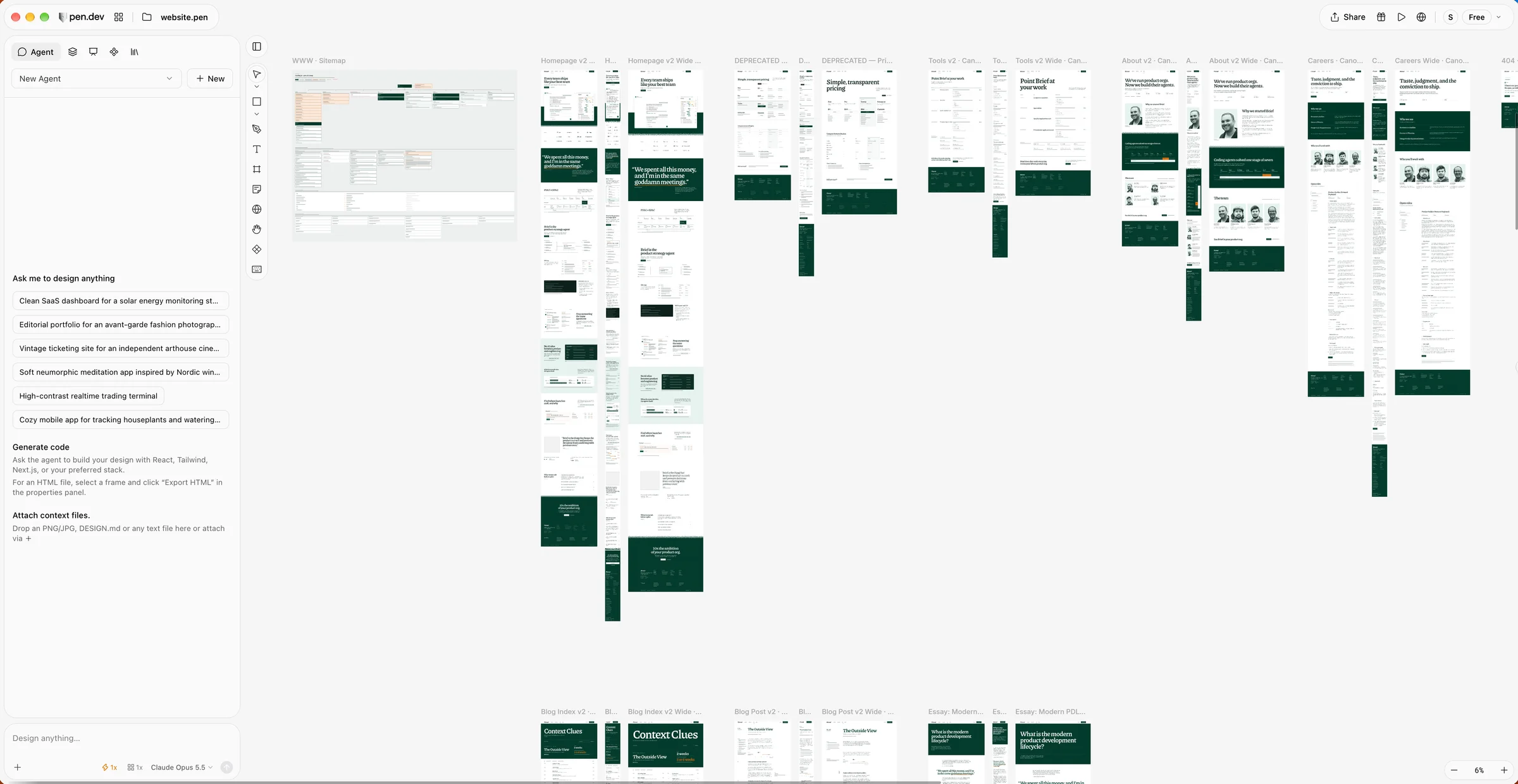 The Pen.dev canvas: sitemap, then Module and Wide artboards for every page, deprecated versions left in place.